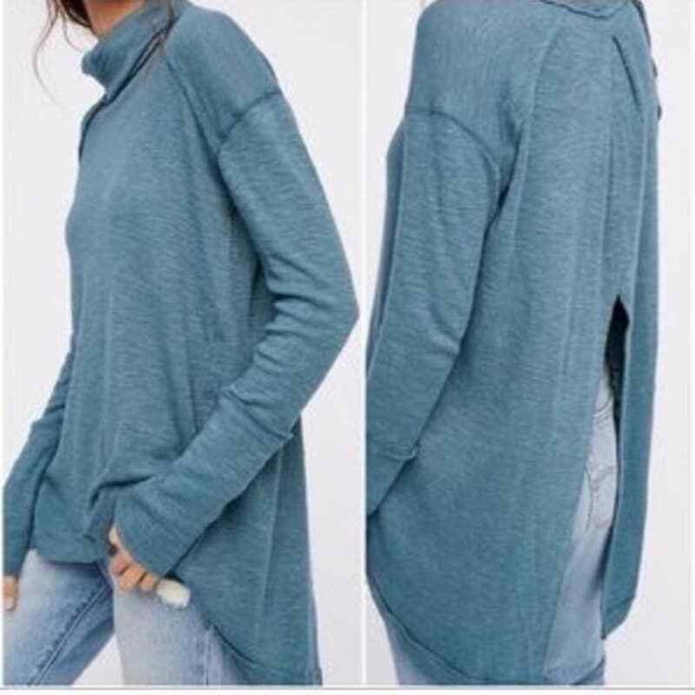 Free People Split Back Cowl Neck Long Sleeve Top Teal Blue XS